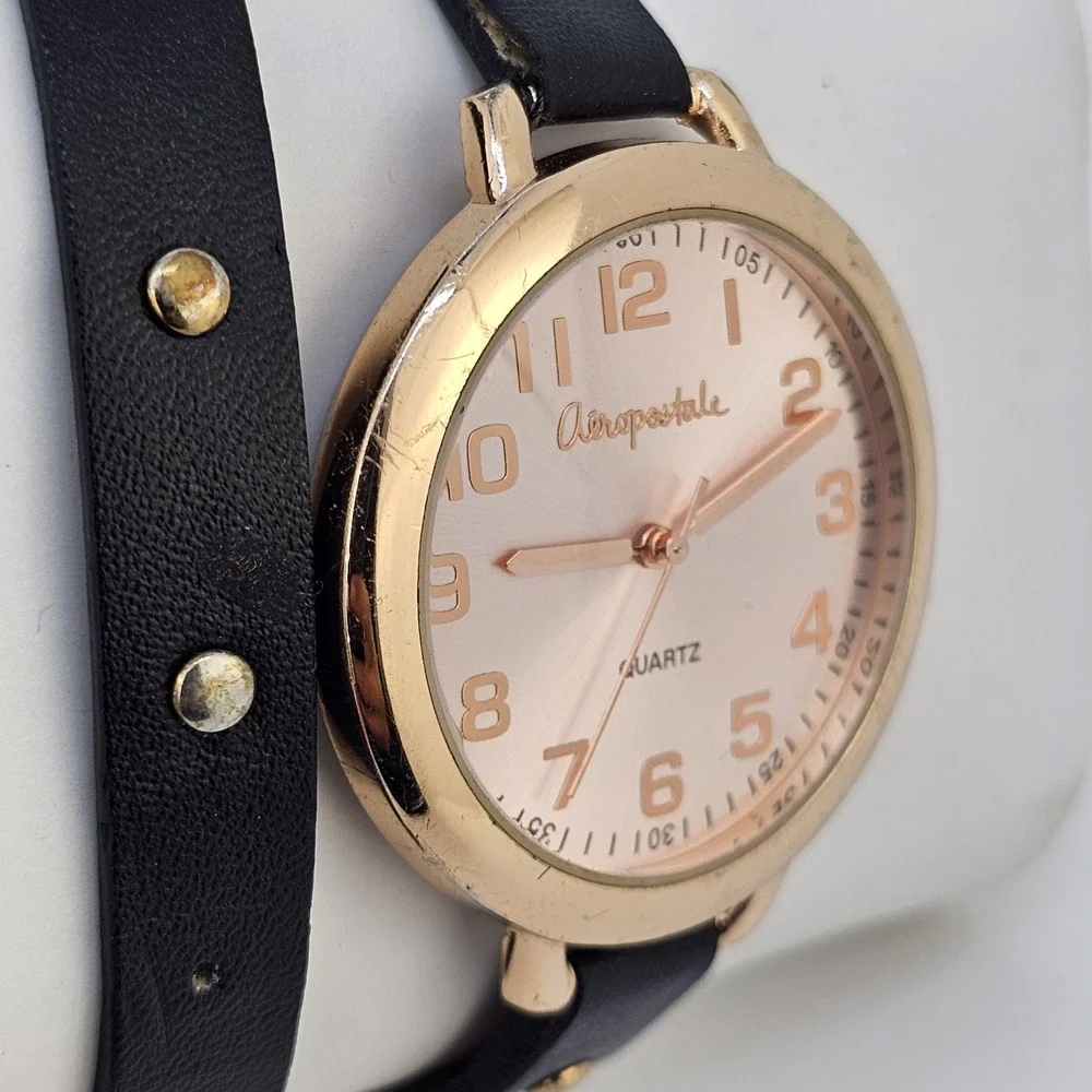 Aeropostale Double Wrap Analog Women's Watch 40MM Black Leather Band New Battery